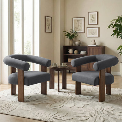 Set of 2 Mohair Barrel Accent Chairs, 3 Walnut Wood Legs