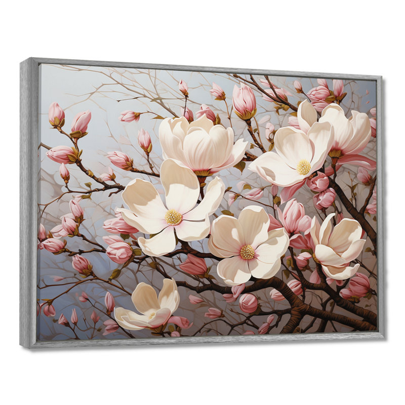 Blanc, rose, magnolia Magnolia Symphony I - art sur toile Magnolias, 12" H x 20" W, Silver Floater Framed