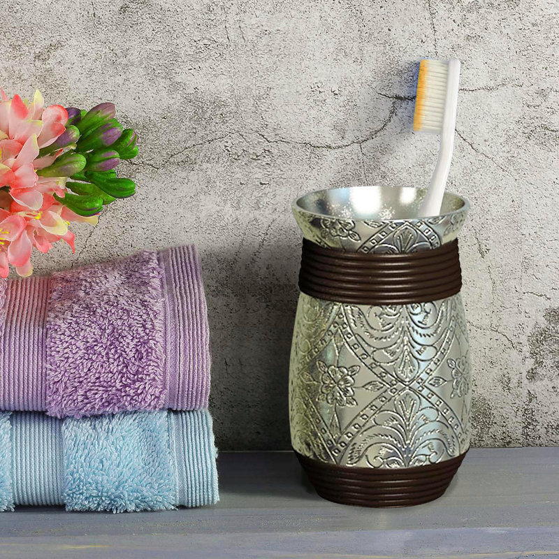 Gobelet de salle de bain 7,6 x 7,6 x 12,7 cm en résine, monobloc, finition bronze argenté huilé, porte-gobelet polyvalent