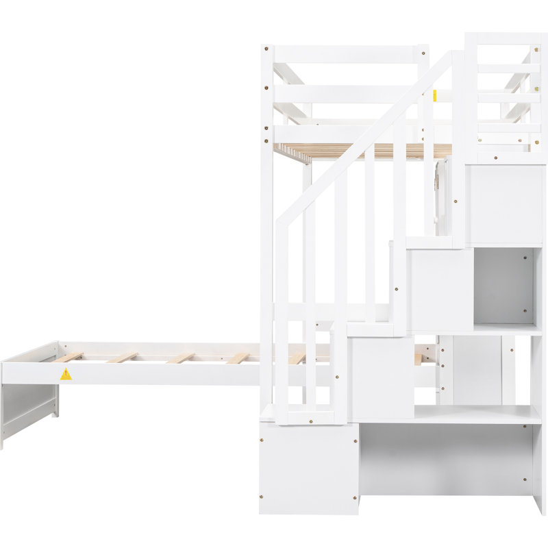 Lit simple mezzanine avec escalier, bureau, rangement de couleur blanche avec escalier intégré, Blanc