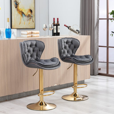 Two Bar Stools In Gray, Footrest & Base, Swivel Height Adjustable By Mechanical Lifting, Velvet + Golden Leg Of 2 Stools, Lifting For Alteration, Feature