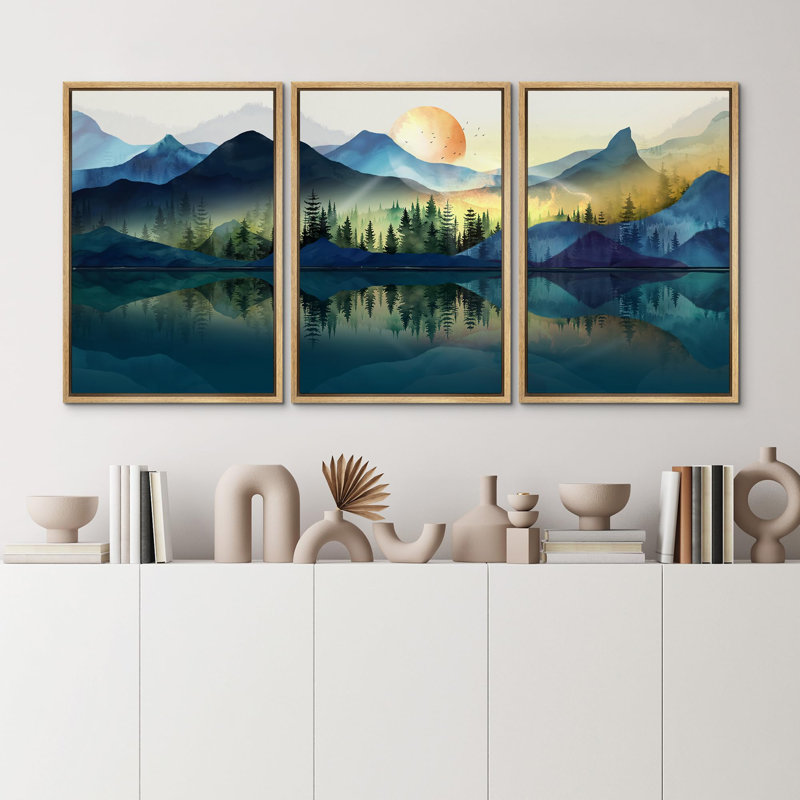 "Forêt et lac apaisant, vert, nature sauvage, illustrations, décor moderne, minimal", 3 pièces, Naturel, H 36 po x l 24 po