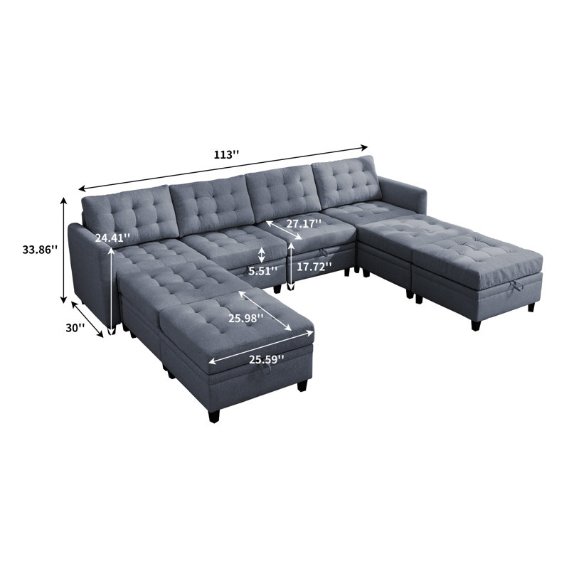 Balus Modular Sofa Bed Set, Button Tufted Reversible Modular Couch With 4 Storage Ottomans, 8 Seater Oversized U Shape Sleeper Sectional Couch Modular Sofa Couch For Living Room