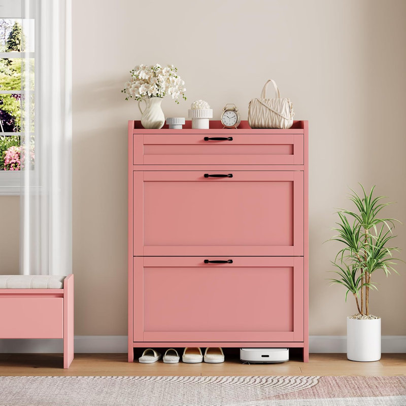 Wooden Shoe Cabinet, Freestanding with 2 Flip Drawers and 1 Top Drawer, Adjustable Shelf, for Entryway, Hallway, and Living Room