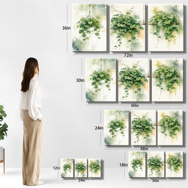 Pothos suspendus à l'aquarelle sur fond de vignes vertes, H 12 po x l 24 po x P 1 po