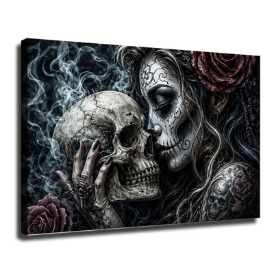 Sugar Skull Woman With Rose And Human Skull Dark Gothic Halloween Canvas Wall Art Decor