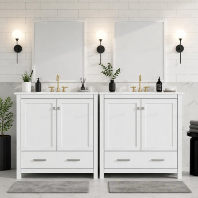 Ensemble de meuble-lavabo de salle de bain avec double meuble-lavabo (séparé), double lavabo en céramique, tablette de rangement et tiroirs divisés (miroir non inclus)