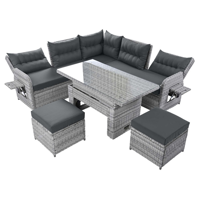 Ensemble de meubles de patio en rotin avec 1 table réglable, fauteuils inclinables avec tables d'appoint extensibles et 2 repose-pieds