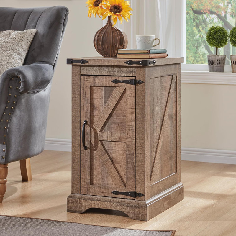 Rasema Farmhouse End Table with Charging Station, Wood Nightstand with Adjustable Shelf, Built-In Outlets, Light Brown
