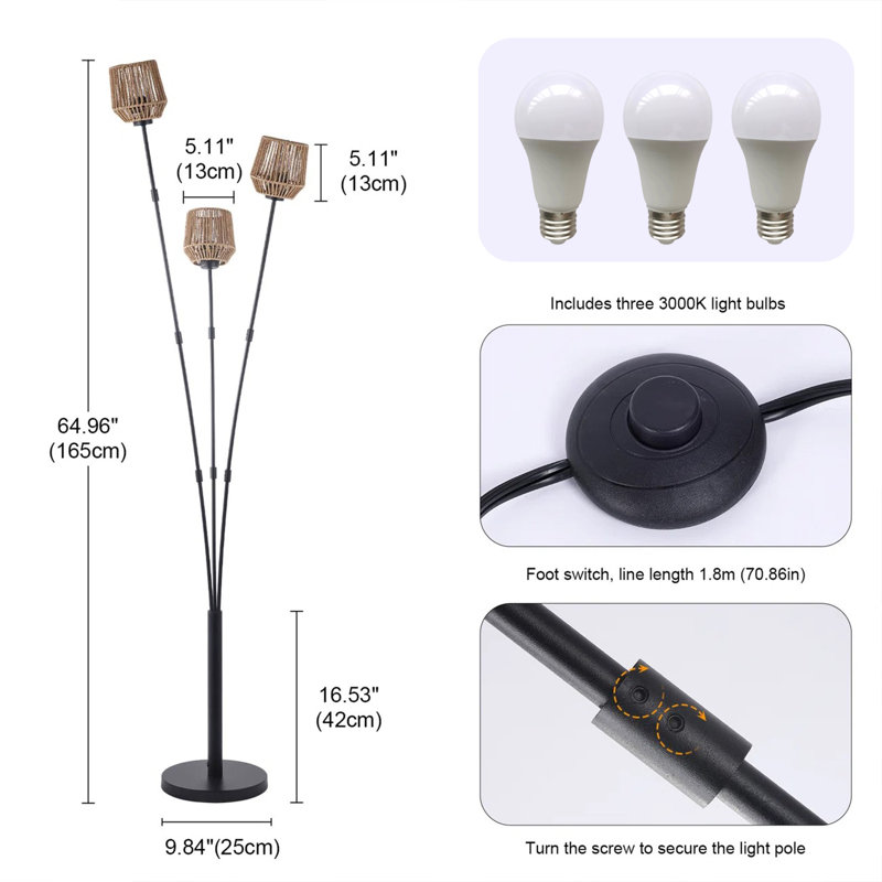 Lianabel 64.96'' Rattan Tree Floor Lamp with 3 Bulbs Included