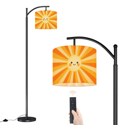  Arc Floor Lamp Cute Smiling Sunburst Retro Orange Yellow Rays Tall Modern Standing Lamp LED Adjustable Linen Lampshade 3 Color Temperatures