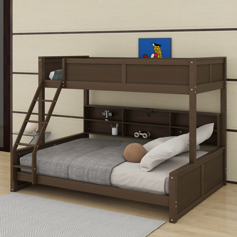 Twin XL Over Queen Bunk Bed With Storage Cabinets And USB Ports, Antique Wood Color
