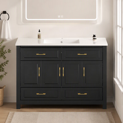 Meuble-lavabo de salle de bain de 48 pouces avec lavabo en résine, grand espace de rangement avec 4 portes à fermeture en douceur et 4 tiroirs.