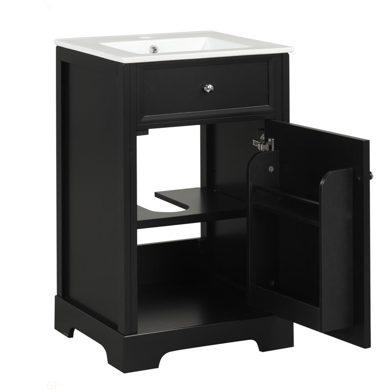 Meuble-lavabo de 20 po avec lavabo, armoire de salle de bain avec porte à fermeture douce, support de rangement et tablette réglable