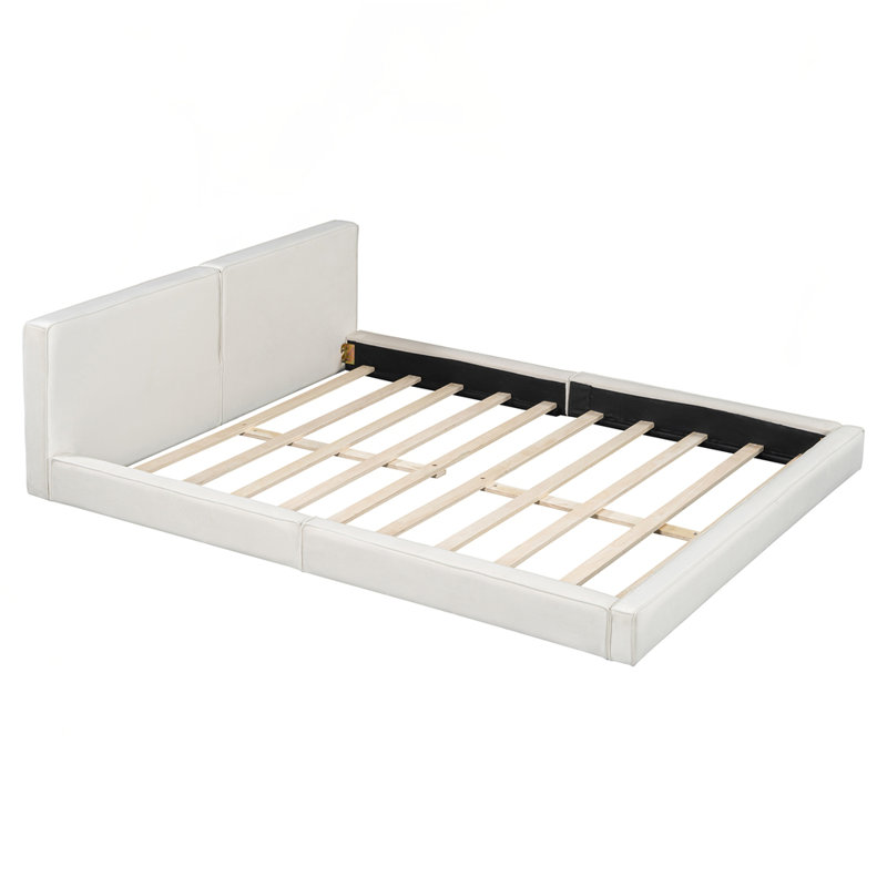 Grand lit plateforme tapissier avec tissu en velours, Beige