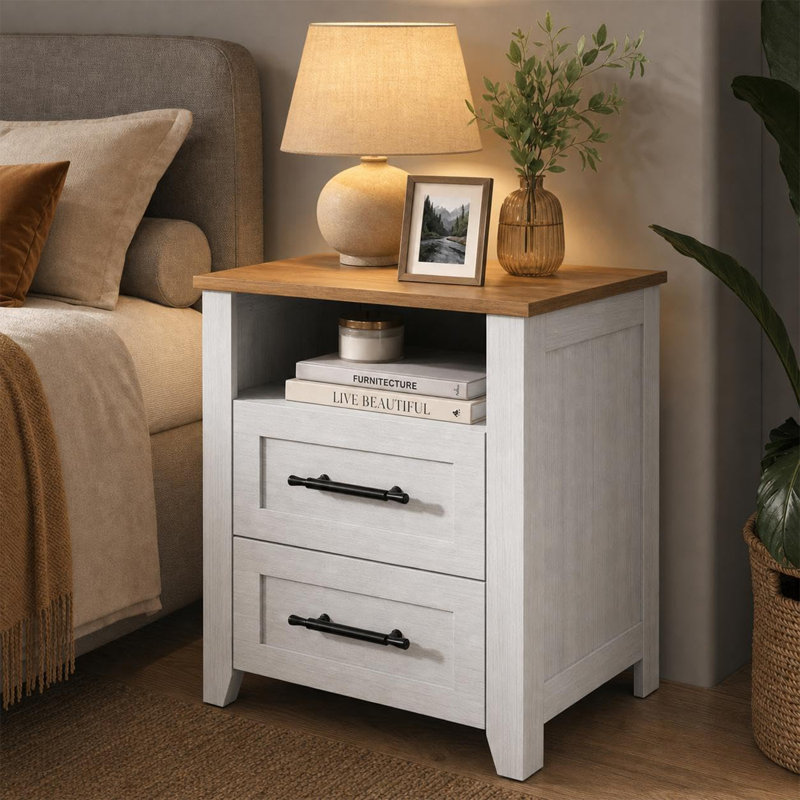 Farmhouse Nightstand with Charging Station, 1 Drawer Bedside Table with USB & Type-C Ports and AC Outlets, MDF End Table with Open Storage Shelf for Bedroom & Living Room