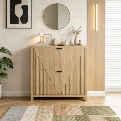 31.5-inch Oak-colored Shoe Cabinet with Vertical Carved Panels