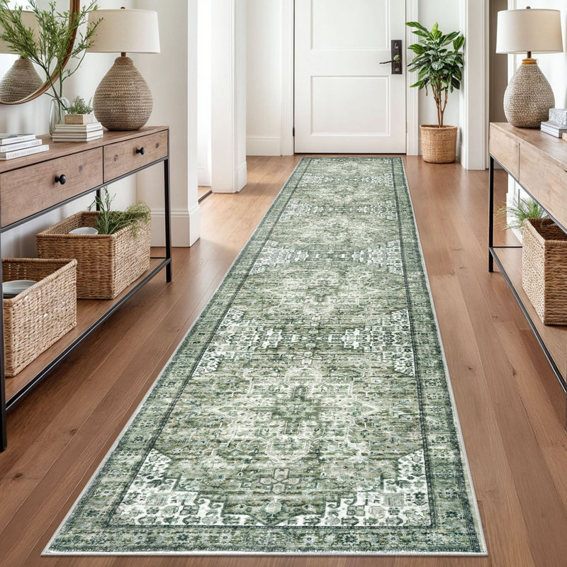 Washable Oriental  Area Rugs Non slip Green Rugs, Runner 2'7" x 14'
