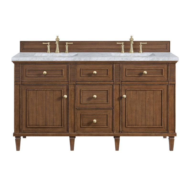 Lorelai 60'' W Double Vanity, Mid-Century Walnut, Carrara White, 8" Widespread