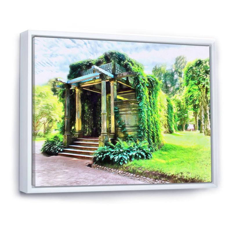 Pergola envahie par le vert - peinture sur toile, H 34 po x l 44 po x P 1,5 po, Cadre flottant blanc