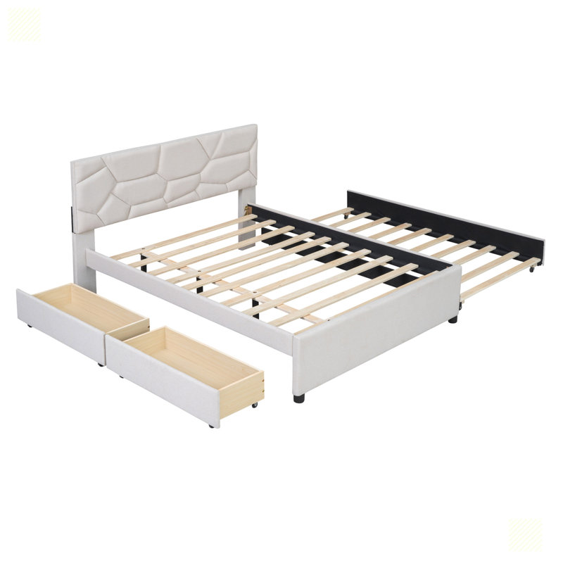 Lit plateforme avec tête de lit à motif brique et tiroirs, Beige