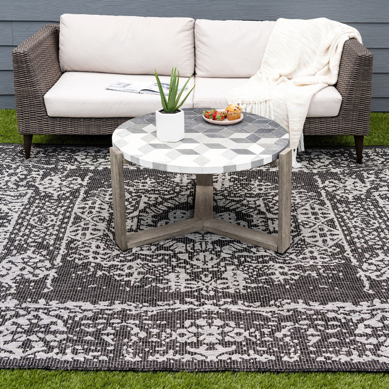 Cowart Oriental Charcoal Gray Area Rug, Square 6'1"