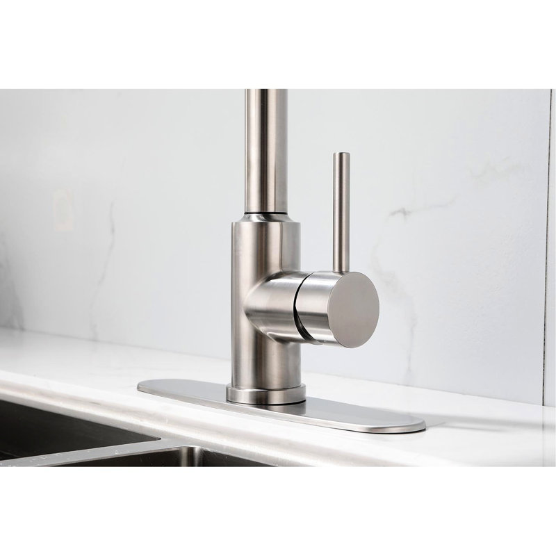 Kitchen Faucet With Pull Down In Stainless Steel, Brushed Nickel Covered, 360 Rotatable Nozzle, Two Water Output Patterns, Easy Temperature & Flow Management Pull-Down , Steel Combined, Rotating Dual