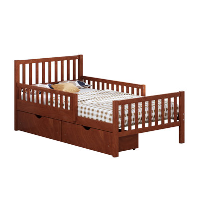 Twin Size, Walnut, Pinewood Platform Bed, Guardrails, Storage Drawers, Smooth Surface, Frame, 8 Solid Wood Slats, Space Optimization Walnut Bed With Dual - Side Guardrails And Two Drawers For