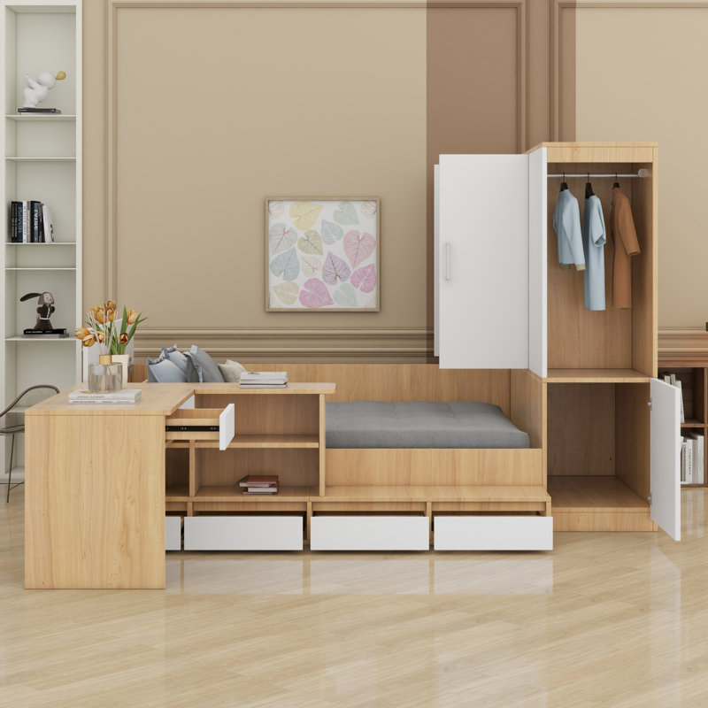Lit plateforme avec tiroirs, tablettes, bureau et garde-robe, Naturel