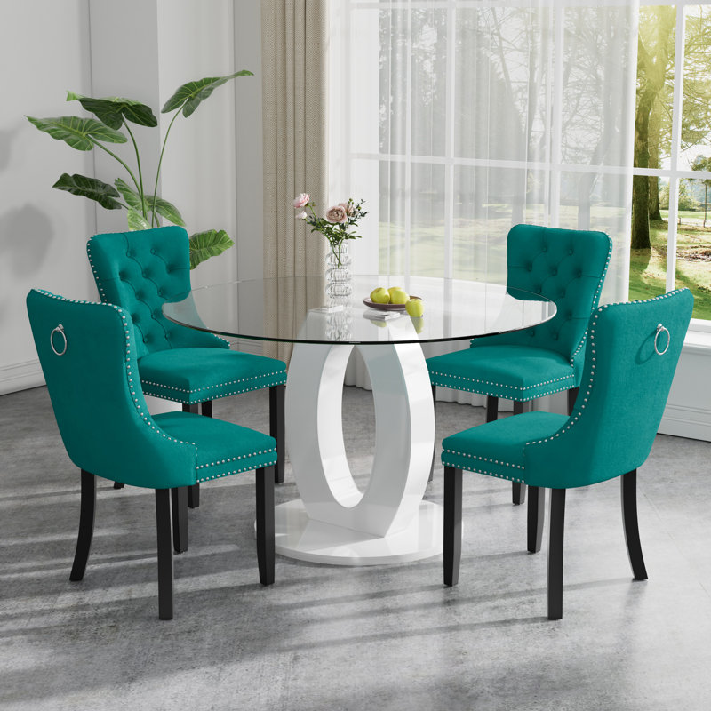 High Gloss Round Dining Table Set with 4 Velvet Dining Chairs, Green/Black