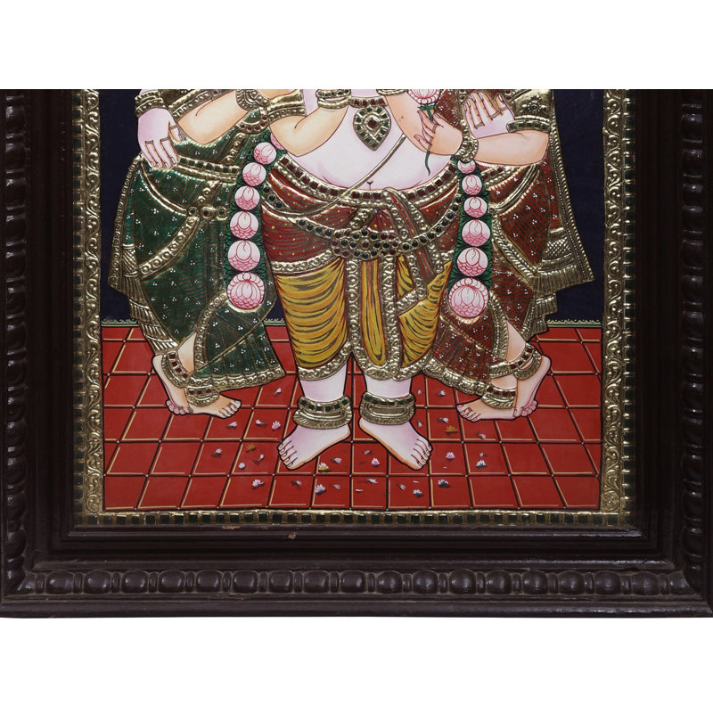 Lord Krishna avec Satyabhama Rukmani | Couleurs traditionnelles avec or 24 carats