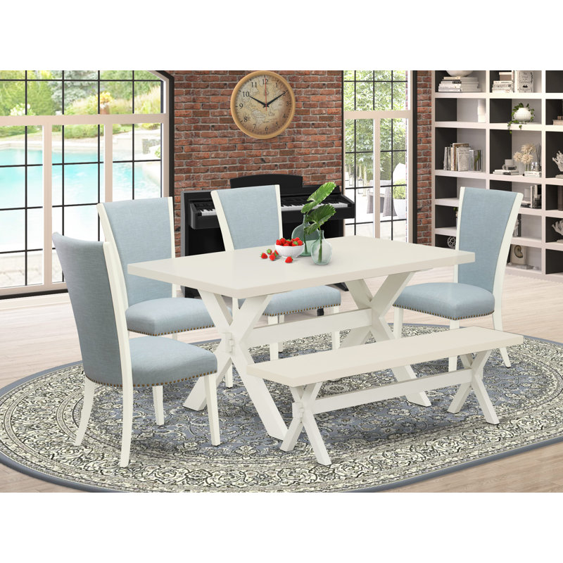 6 Piece Dinette Set Contains a Rectangle Dining Room Table with X-Legs and 4 Baby Blue Linen Fabric Upholstered Chairs with a Bench, linen white