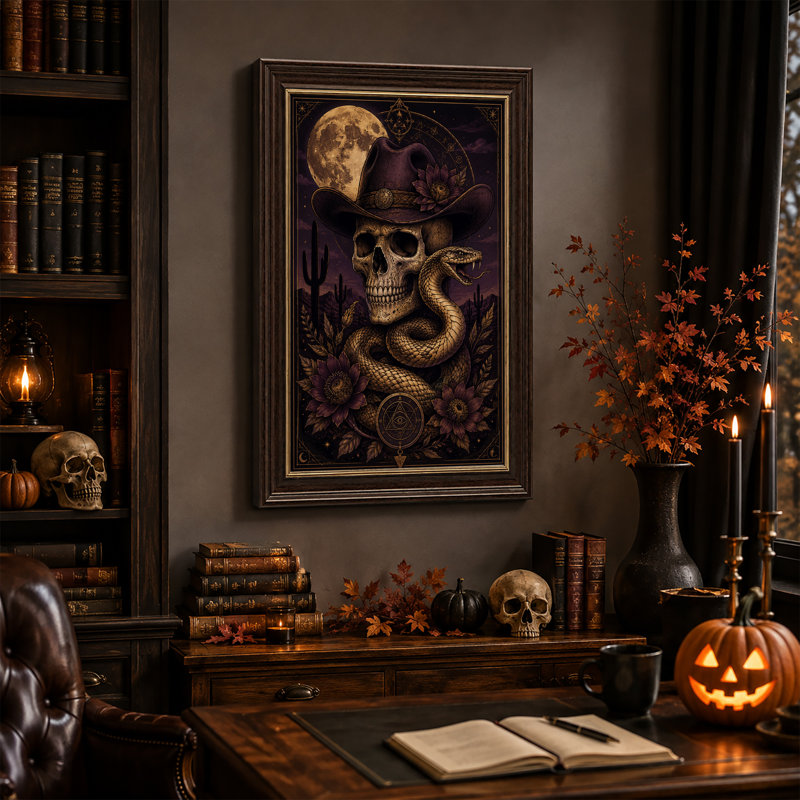 Art mural sur toile, grand crâne de lune avec chapeau de cowboy, H 18 po x l 12 po
