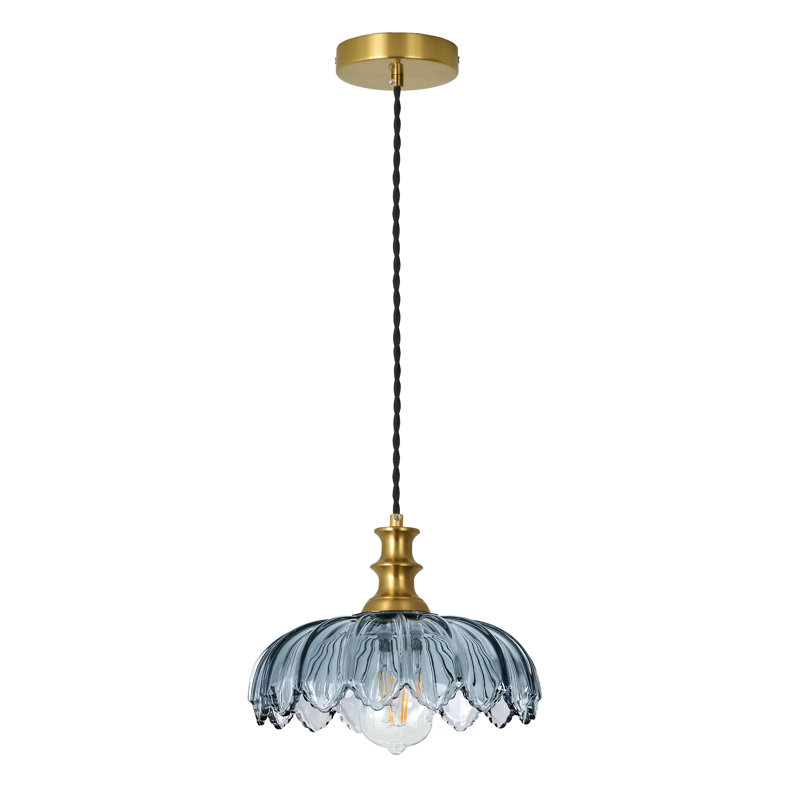 Suspension Junathean 10,23 po L en forme de dôme doré avec abat-jour en verre à pétales, Bleu, 1