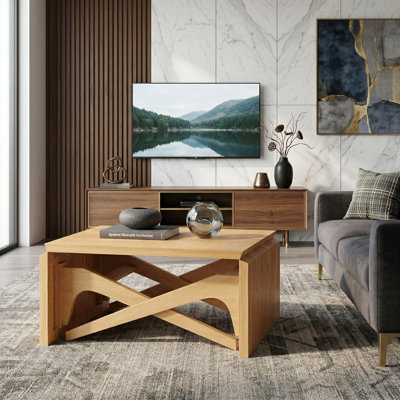 Table basse convertible à plateau relevable en table de salle à manger, hauteur variable, finition bois naturel