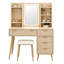 Ensemble de coiffeuse avec miroir lumineux à DEL et prise de courant, bureau de coiffeuse cannelé à 5 tiroirs avec tablettes de rangement ouvertes et tabouret rembourré, station de maquillage pour chambre à coucher moderne en bois clair