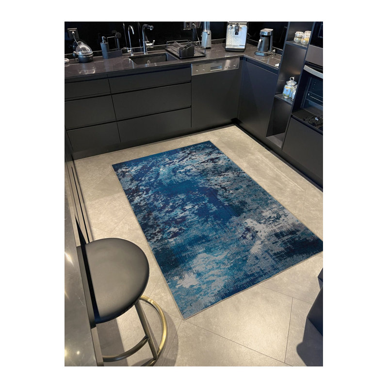 Tapis bleu délavé à motif abstrait et créatif, Rectangle 2 pi 4 po x 3 pi 11 po