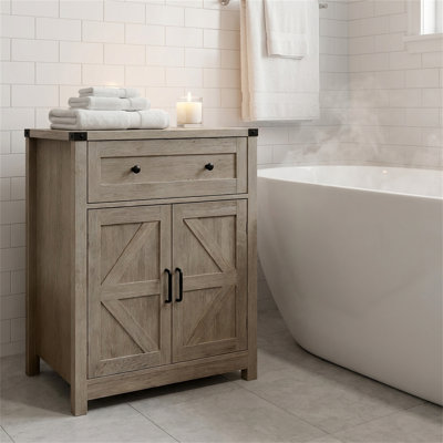 Light Gray-Washed Wood Farmhouse Barn-Door Storage Cabinet，Coffee Bar Sideboard with Drawer for Kitchen & Living Room
