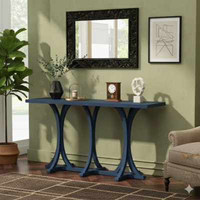 59.8-Inch Wooden Console With Oak Veneer Tabletop, Rustic-Chic Entry Table With Slender Curved Legs In Rubber Wood, Suited For Living Room, Entry, Hall, Or Dining Area.