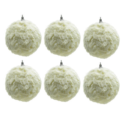 S/6 4" Cream Ball Ornament Cotton Tassels