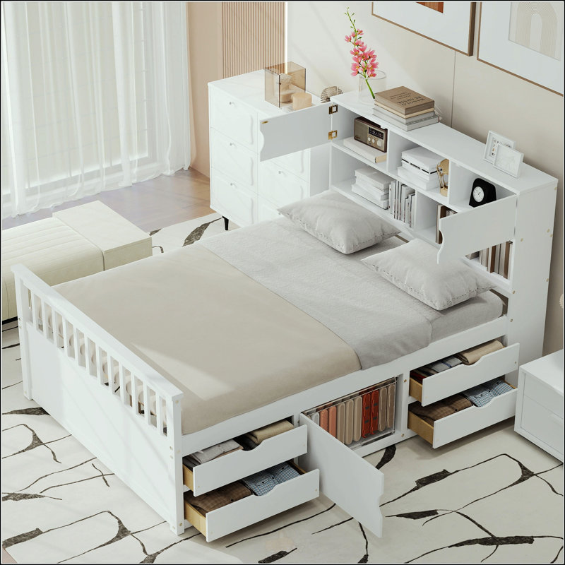 Full Size Captain Platform Bed Frame With Storage Bookcases And Shelves, Full