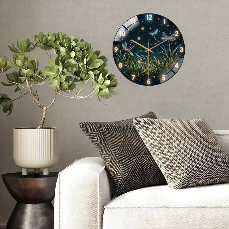 Clock Face Dragonflies Glowing Grass Art - 12'' Modern Glass Wall Clock