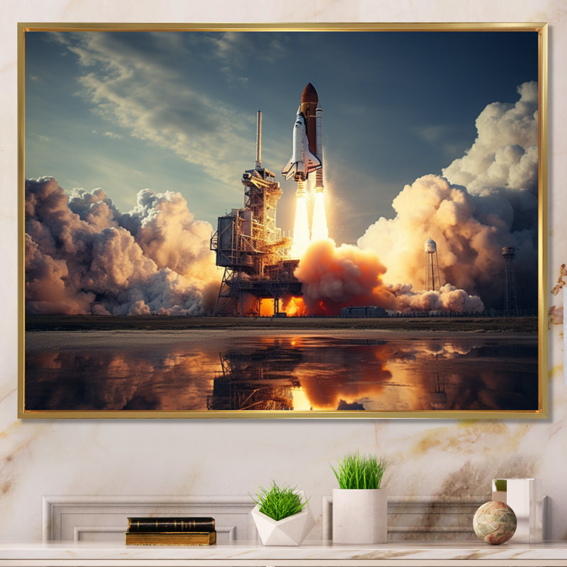 Navette spatiale épique Lancement I - Navette spatiale, art mural, H 12 po x l 20 po x P 1 po, Cadre flottant doré
