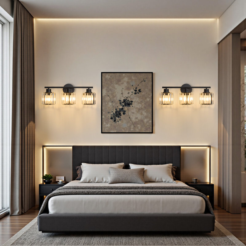 Miroir de salle de bain et de chambre à coucher moderne en cristal noir 3 lumières, Noir mat, 3