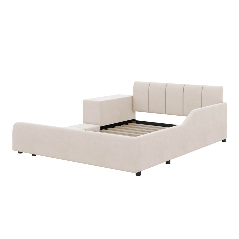 Lit tapissier double Ilyne, lit pour mère et enfant avec bureau de chevet et petit tabouret rond, Full, Beige