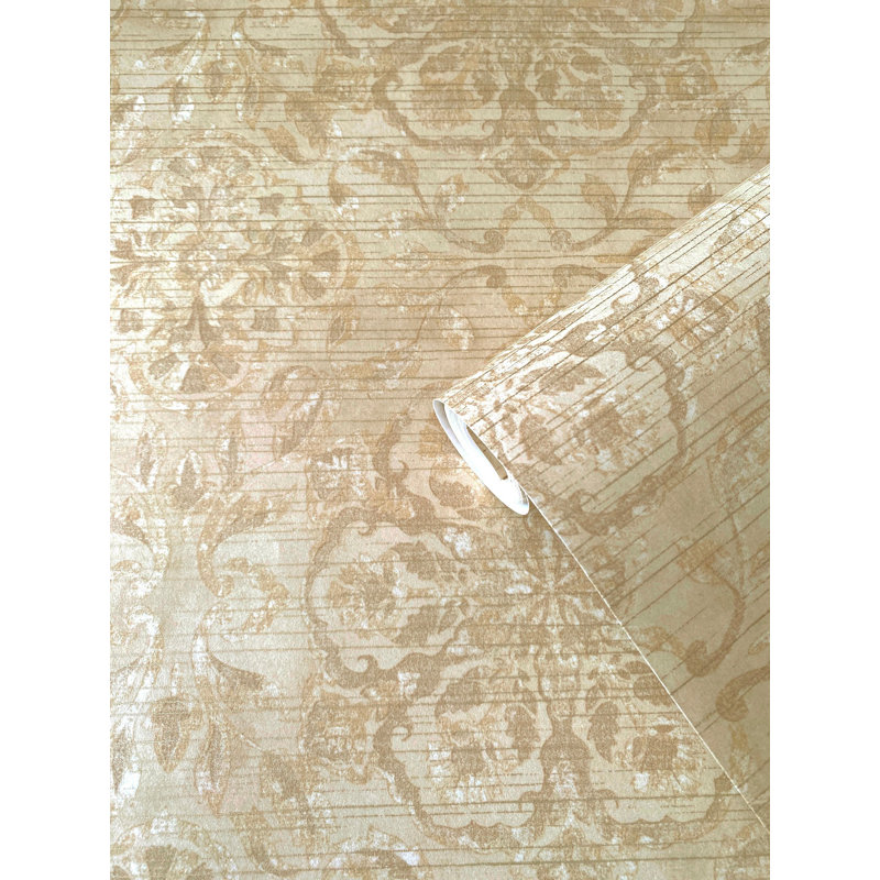 Elegance Collection Floral Stripe Shimmer Finish Wallpaper Roll, Beige