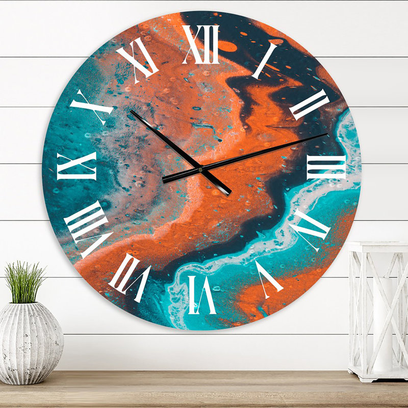 Composition abstraite de marbre en bleu et orange I - horloge murale moderne, Petit