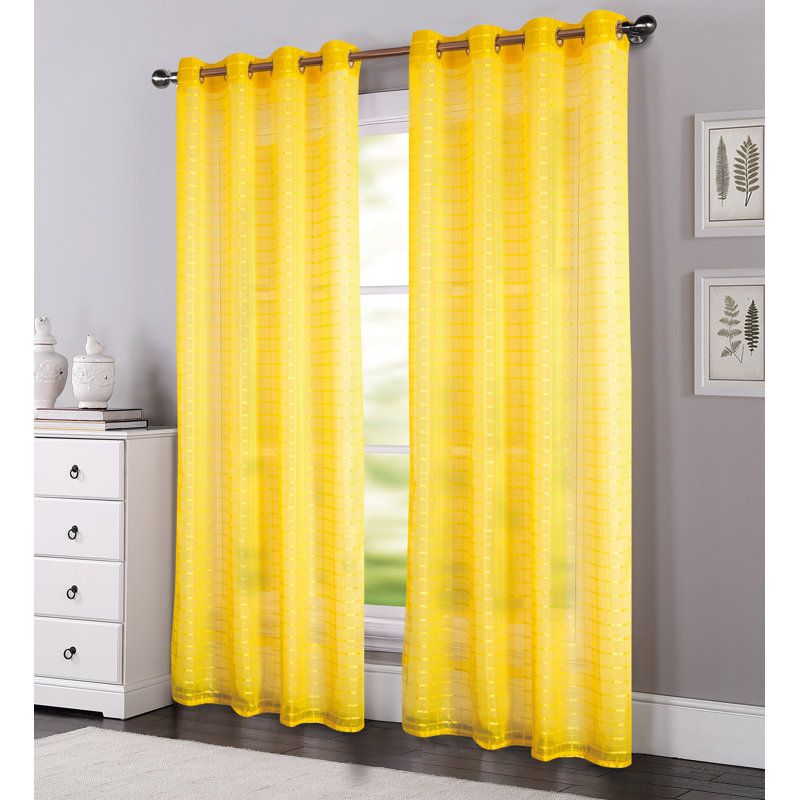 Jardine Plaid Stripe Sheer Window Curtain Panel, Neon Yellow