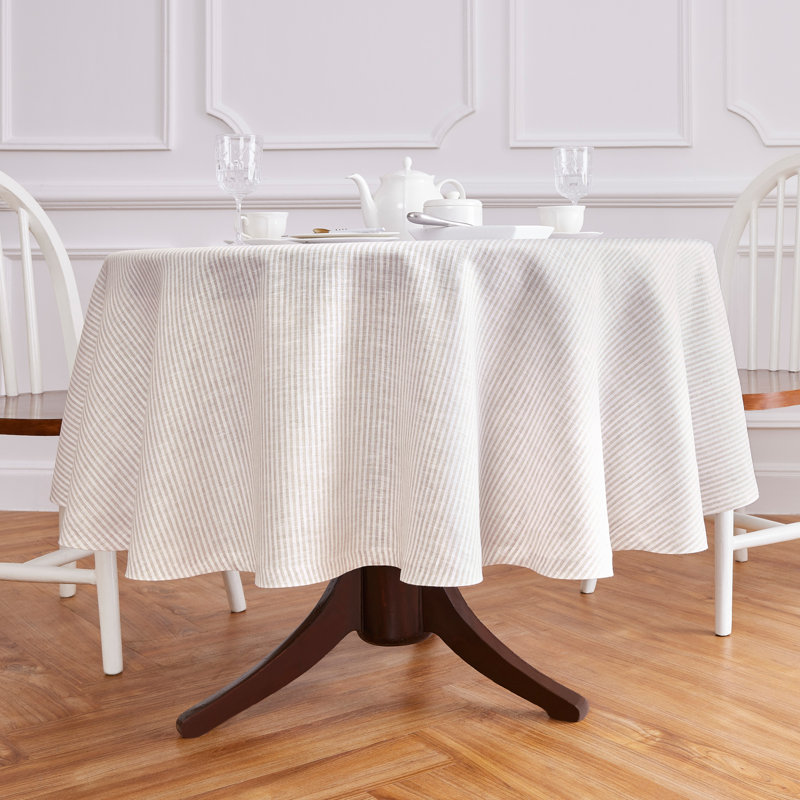Narrow Stripe - 100% Pure Linen Tablecloth, Natural/White, 60" Round