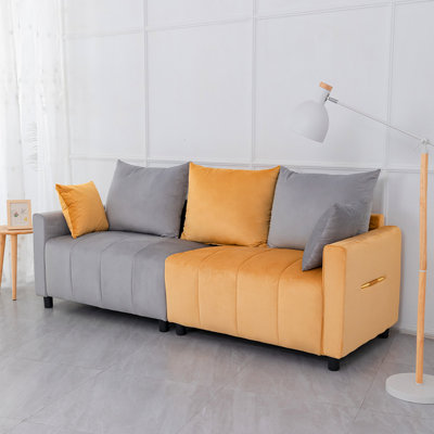 Gray+Yellow Velvet 2 , 82" Contemporary Sectional With 3 Ergonomic Back Pillows, Living Room Comfortable Modern Grey & Yellow Foam Filling, Comfort Element
